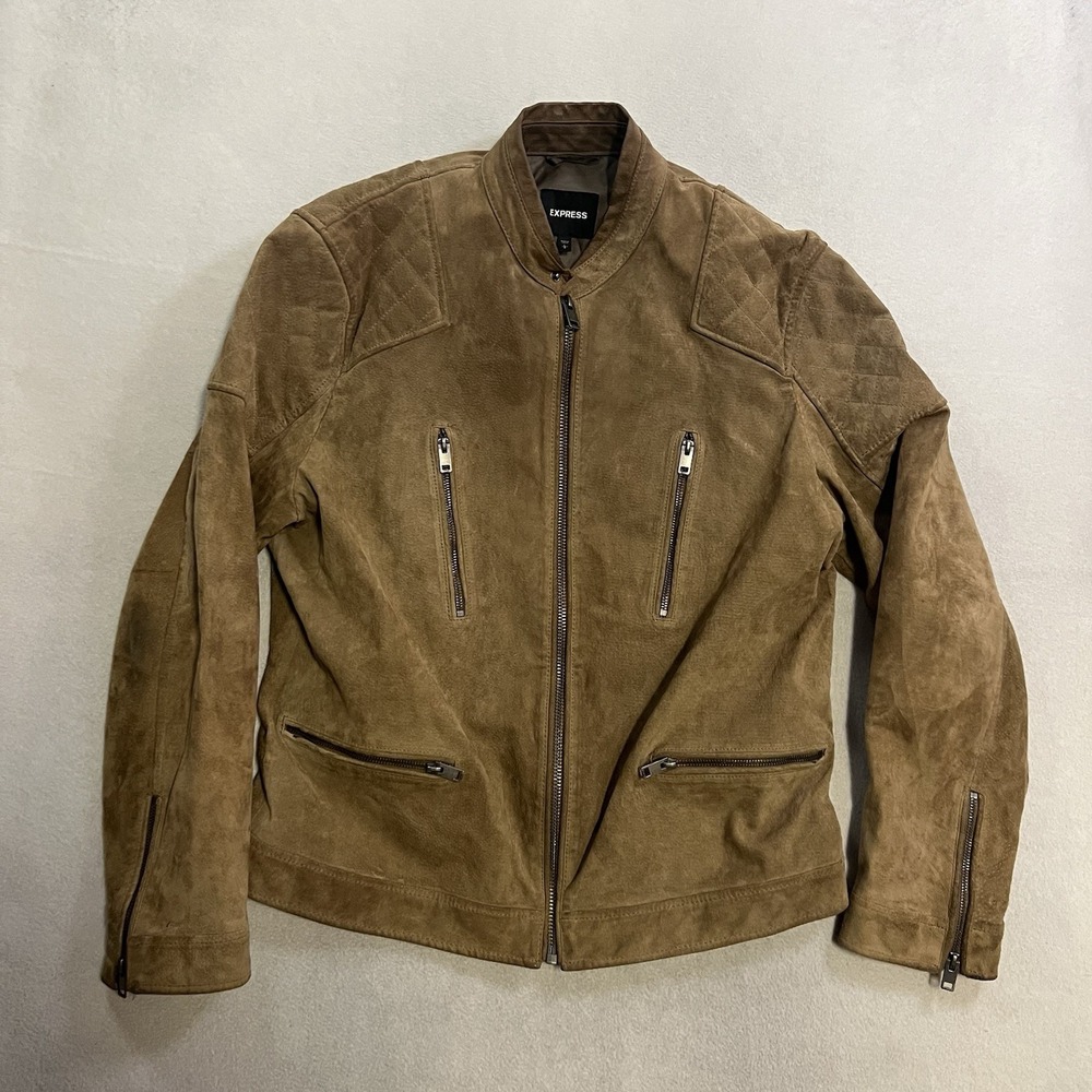 Express Genuine Suede Biker Leather Jacket Men's Large Moto Brown Tan Full Zip